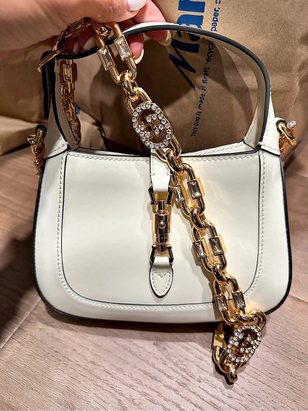 Designer mini Jackie 1961 patent handbag with crystal gold strap